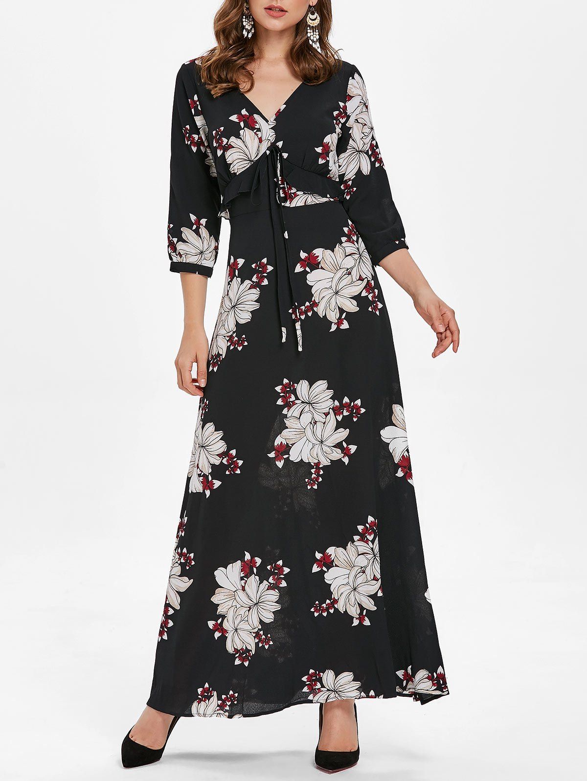 

Flower V Neck Maxi Dress, Black