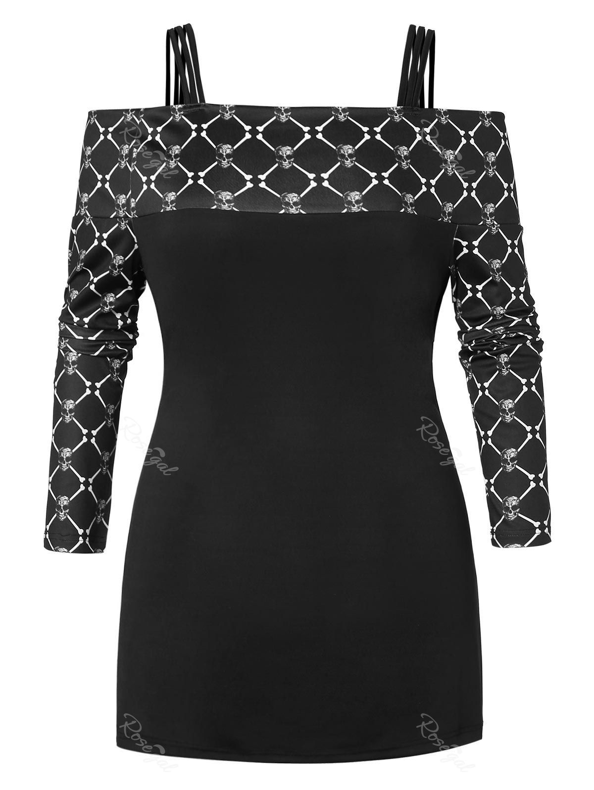 

Cold Shoulder Plus Size Skull Pattern T-shirt, Black