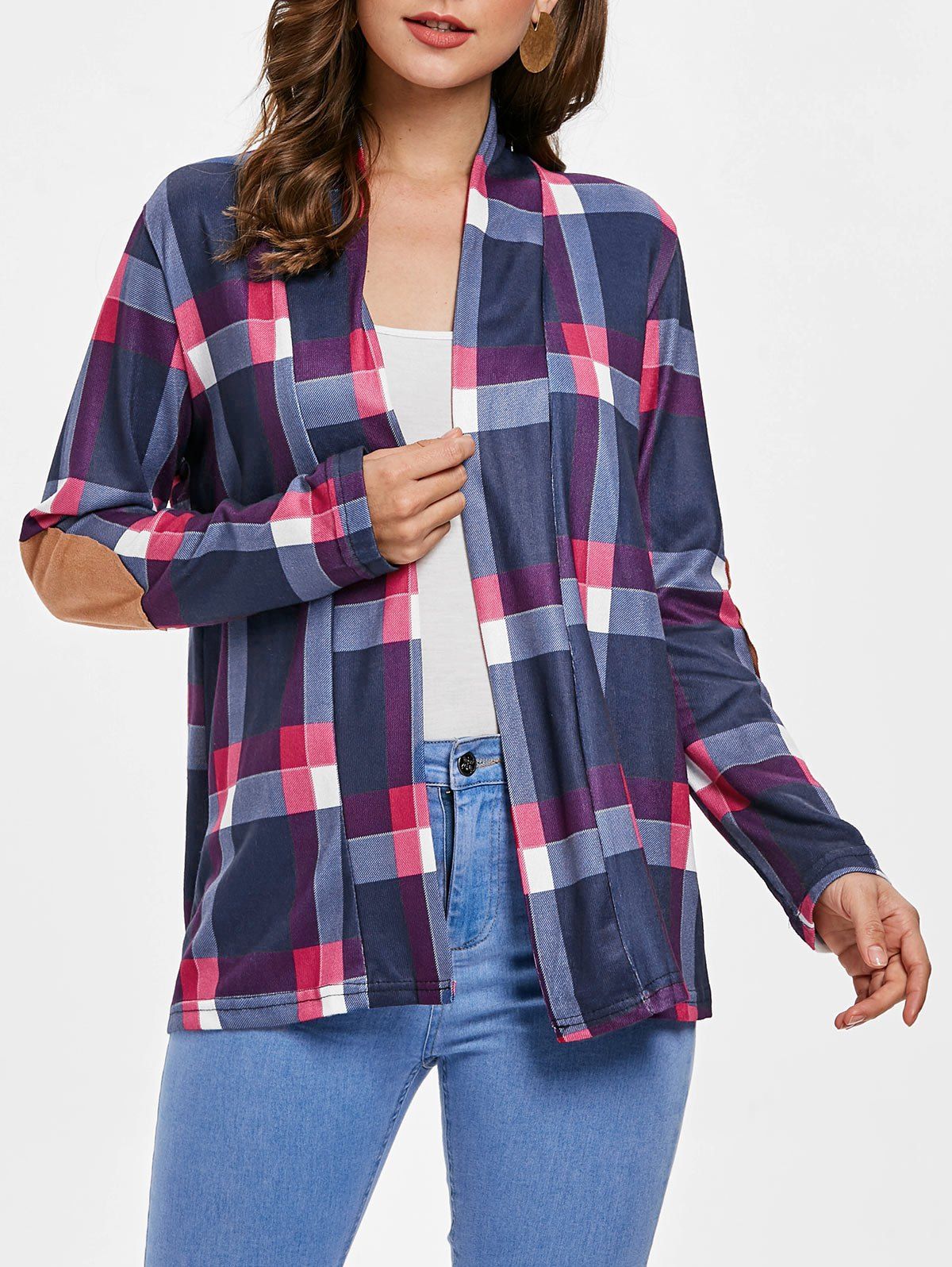 

Elbow Patch Plus Size Plaid Cardigan, Rose red