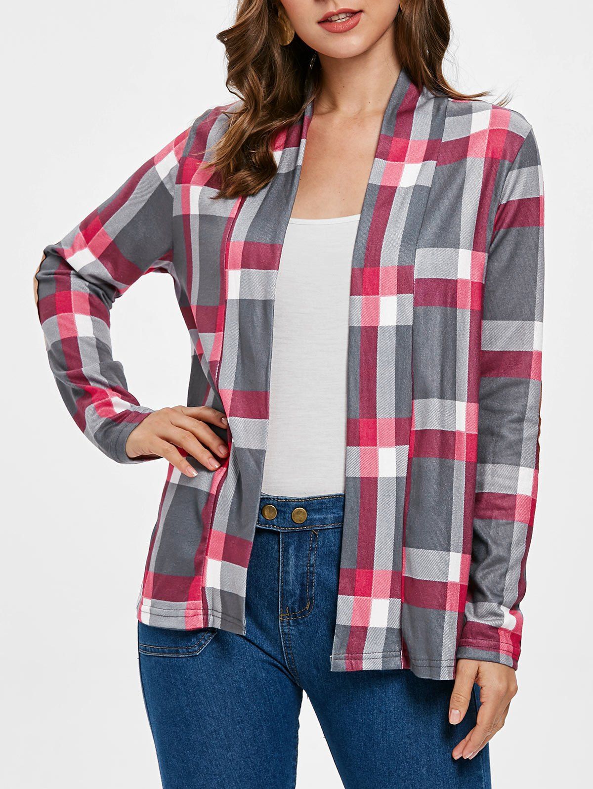 

Elbow Patch Plus Size Plaid Cardigan, Gray