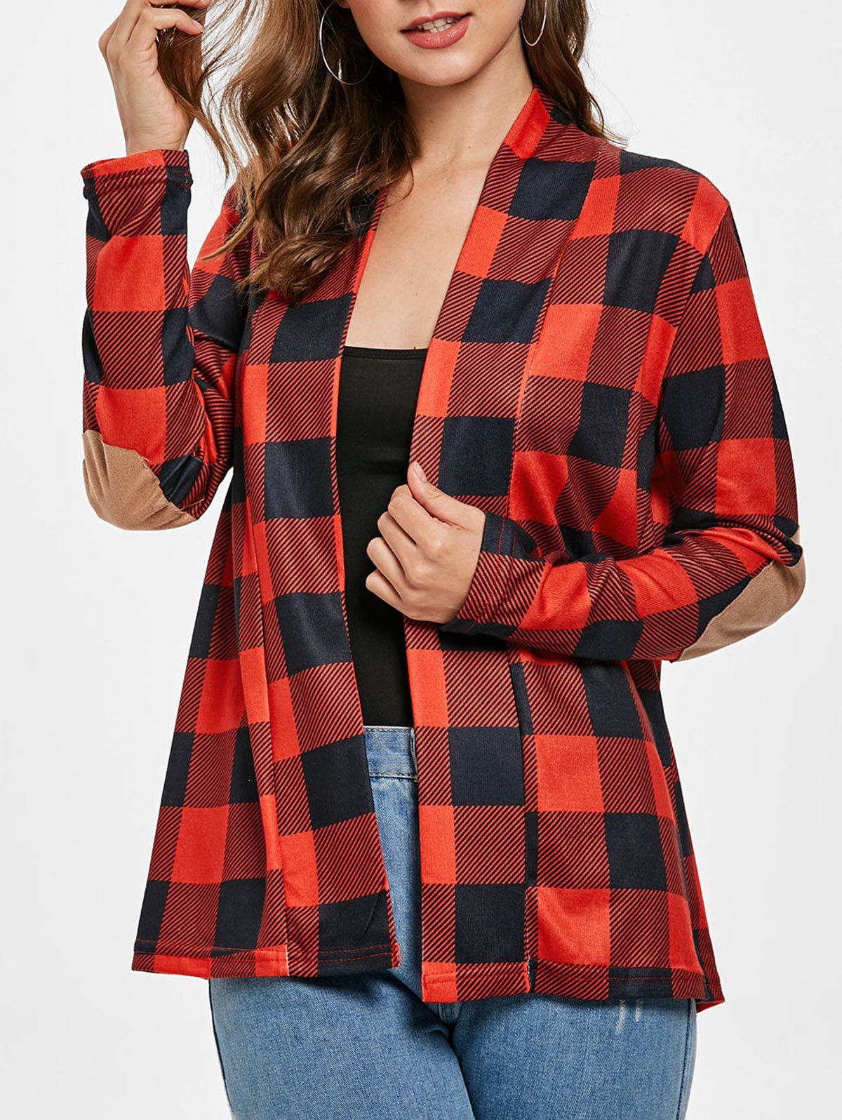 

Plaid Print Elbow Patch Cardigan, Red