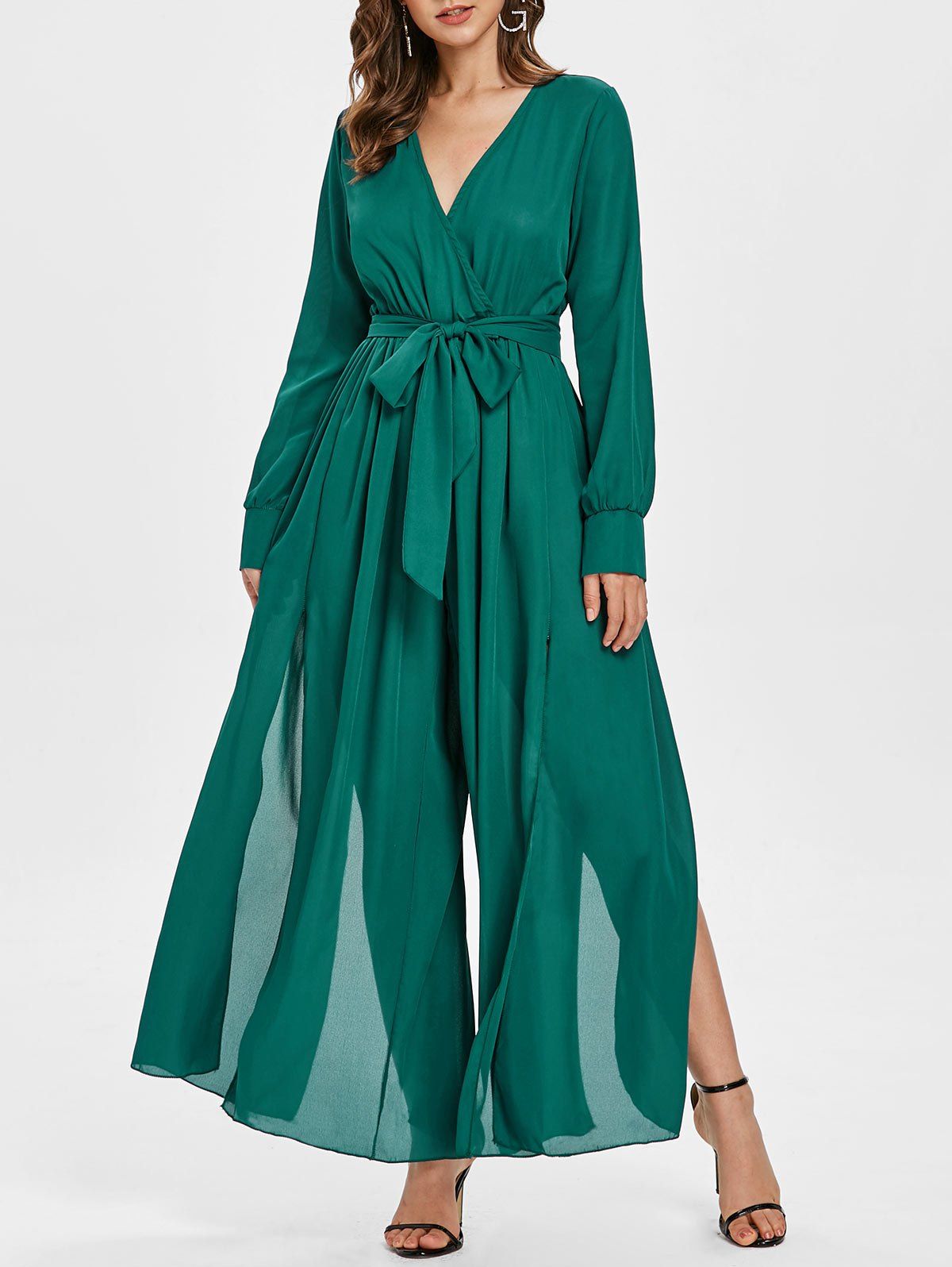 

Plunging Neckline High Slit Wide Leg Maxi Jumpsuit, Dark green