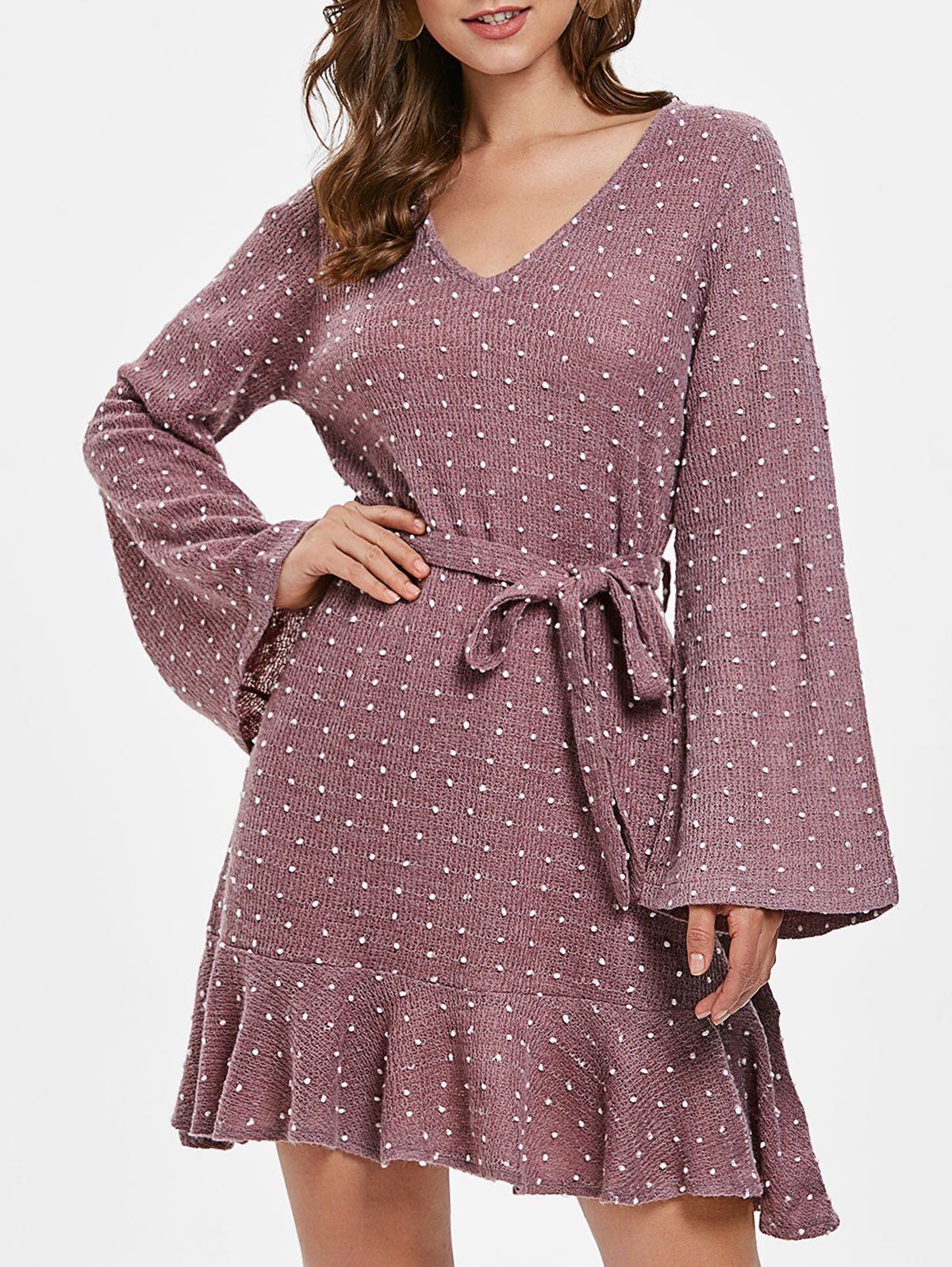 

Long Sleeve Polka Dot Dress with Belt, Lipstick pink