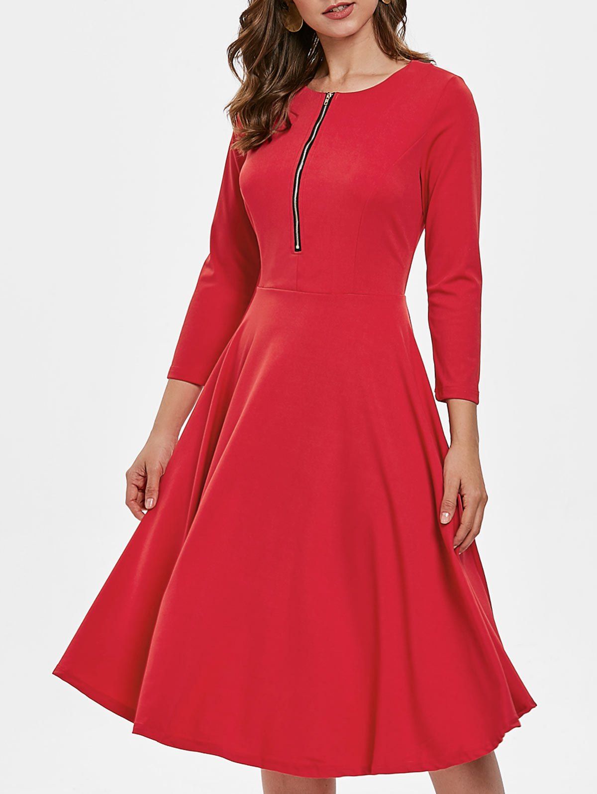 

Three Quarter Sleeve Flowing Dress with Zipper, Red