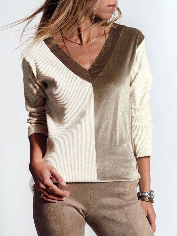 

Velvet Panel V Neck T Shirt, Dark khaki