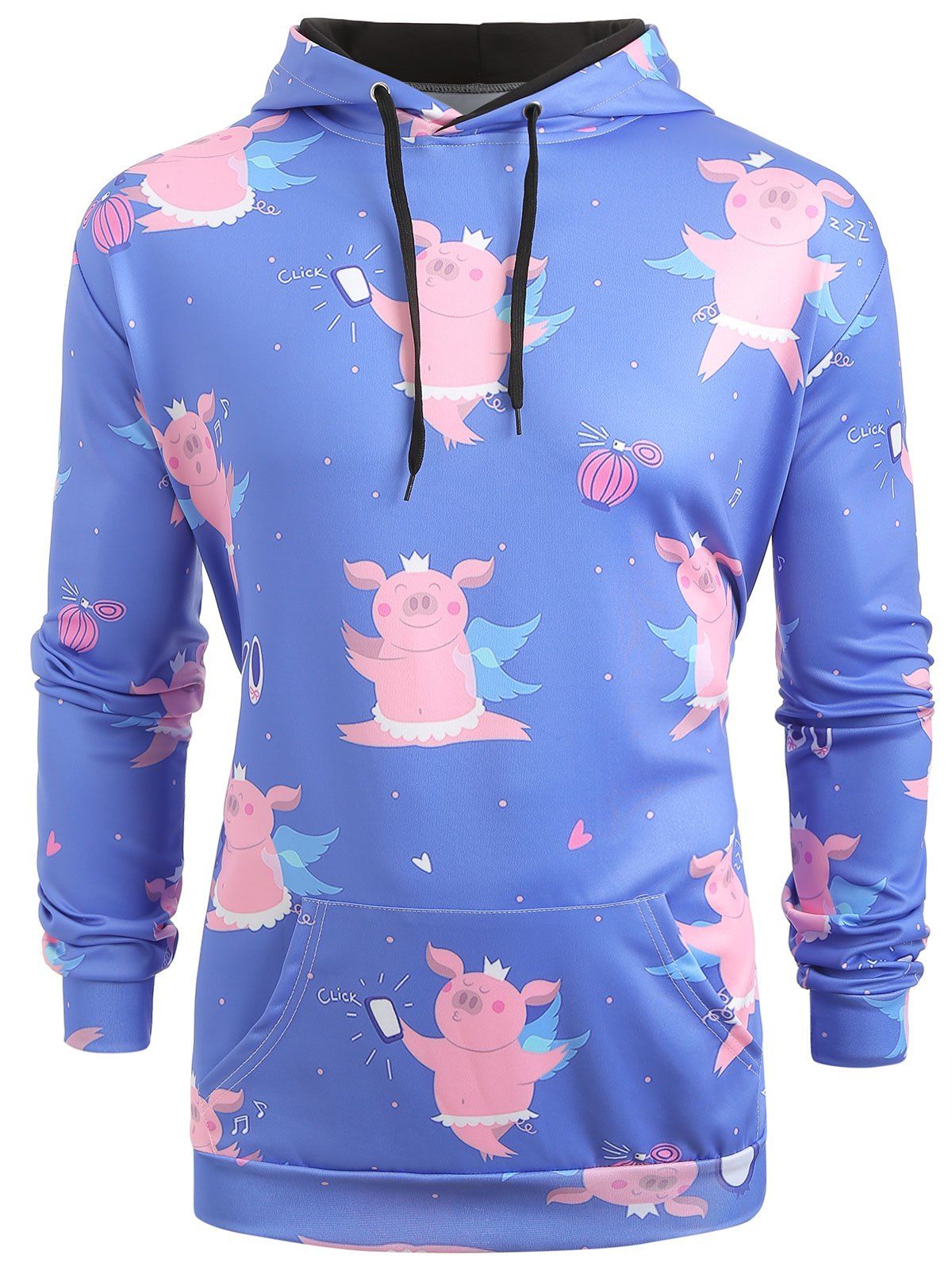 

Cartoon Pig Pattern Kangaroo Pocket Hoodie, Blue