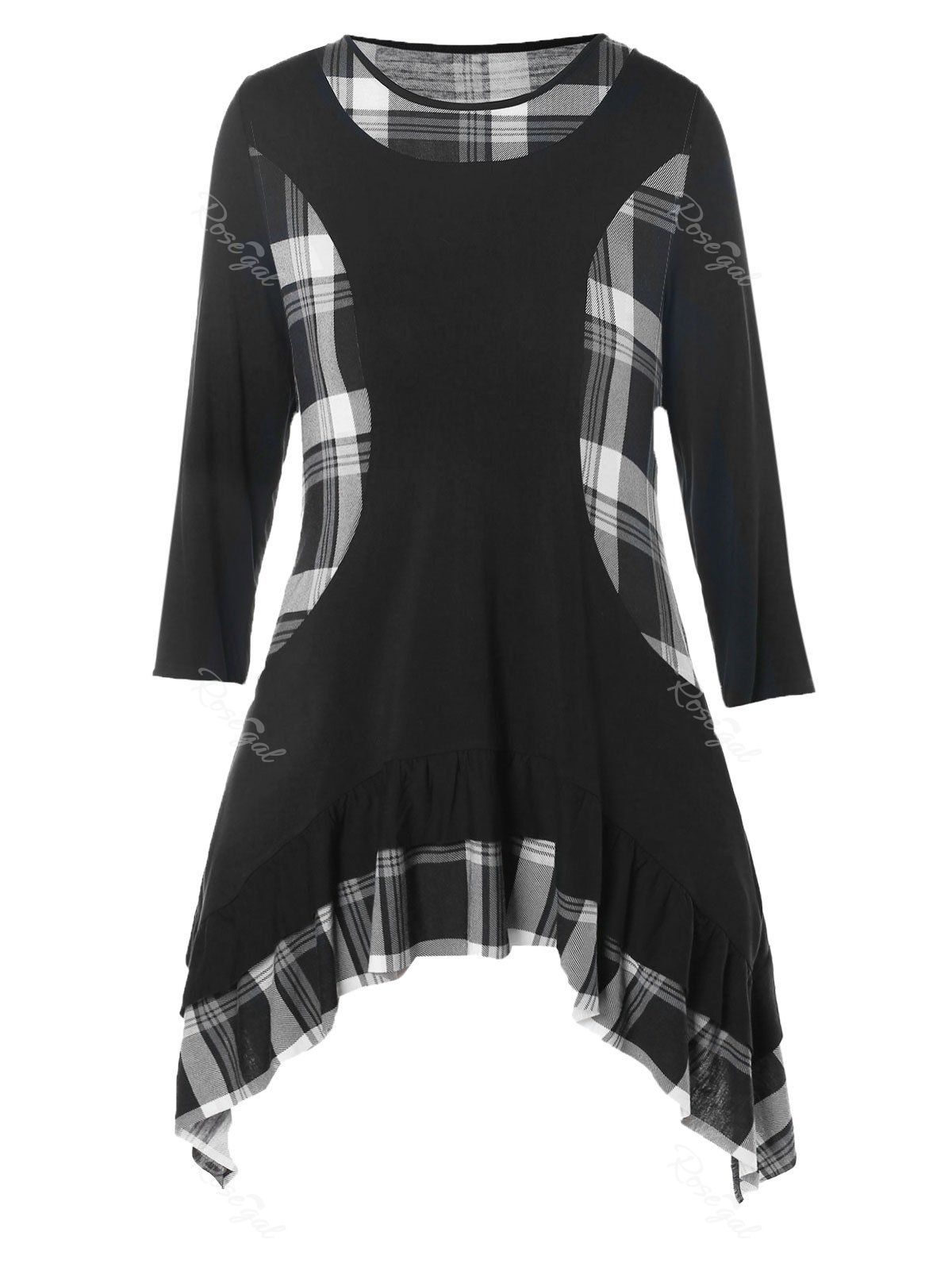 

Plus Size Plaid Panel Flounce Asymmetric Tunic Top, Black