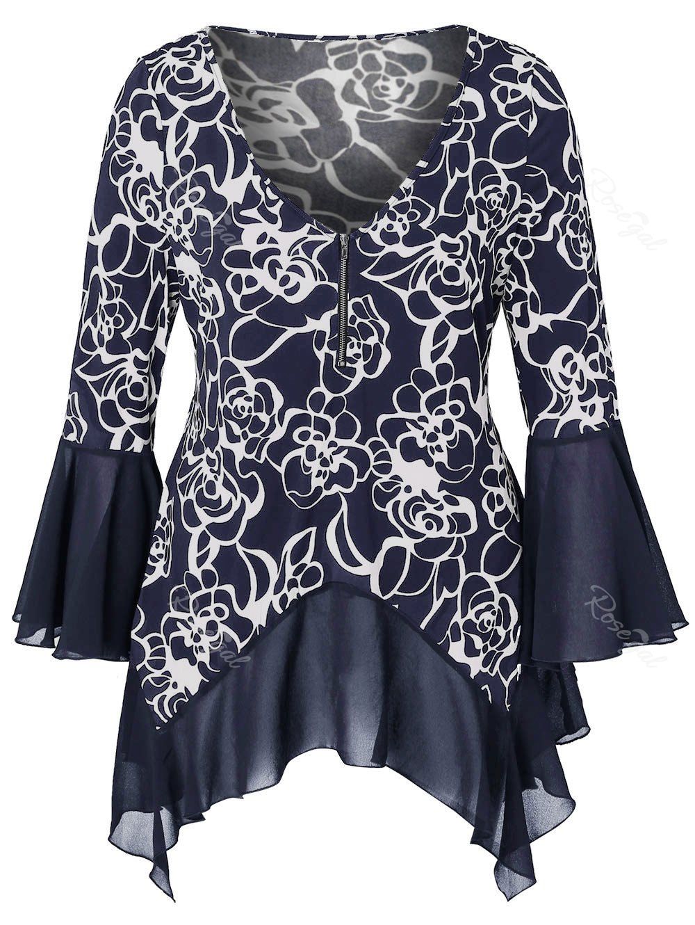 

Plus Size Flower Print Half Zip High Low T-shirt, Dark slate blue