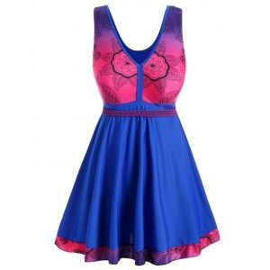 

Plus Size V Neck Flower Skirted Tankini Set, Blue