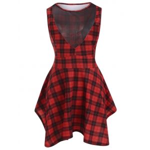 

Plus Size Tartan Mesh Insert Asymmetrical Tank Top, Red