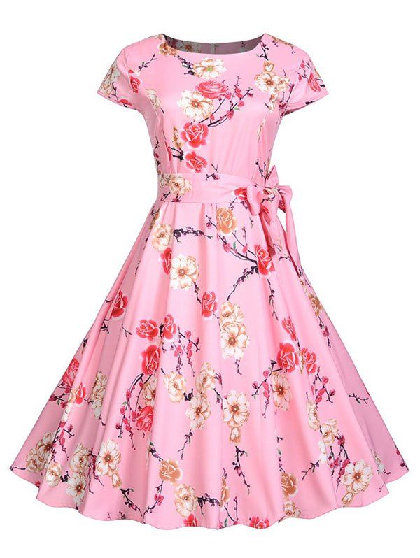 

Floral Print A Line Belted Dress, Pink