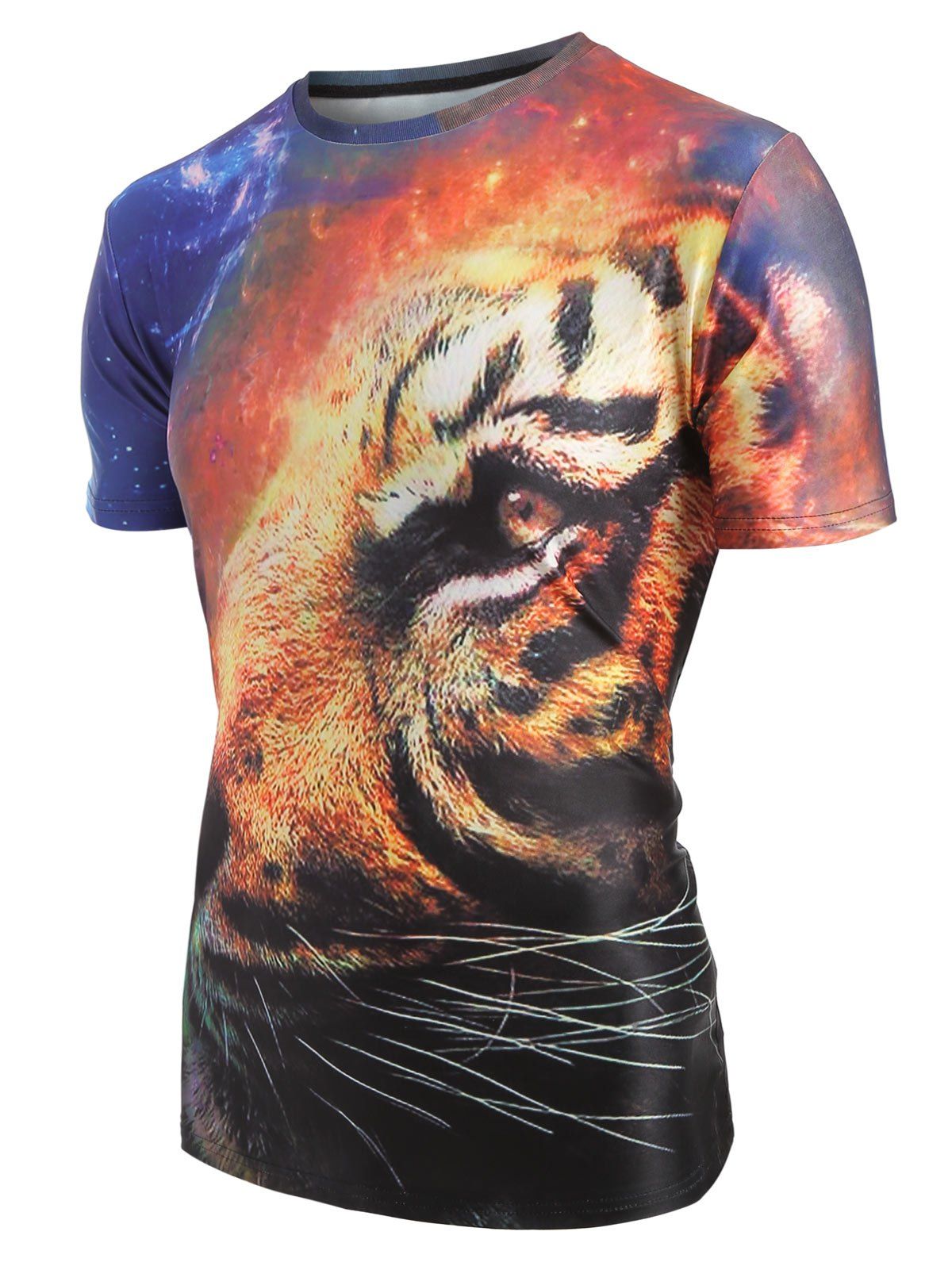 

3D Tiger Print Elastic Pullover Short Sleeve T-shirt, Golden brown