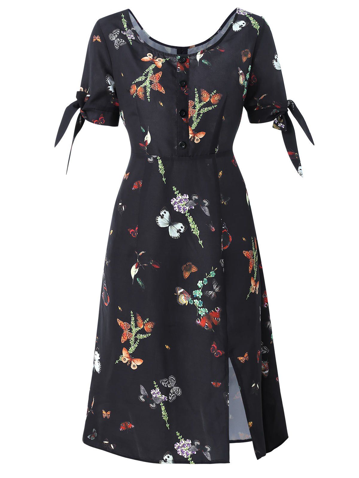 

Printed Button Slit Dress, Black
