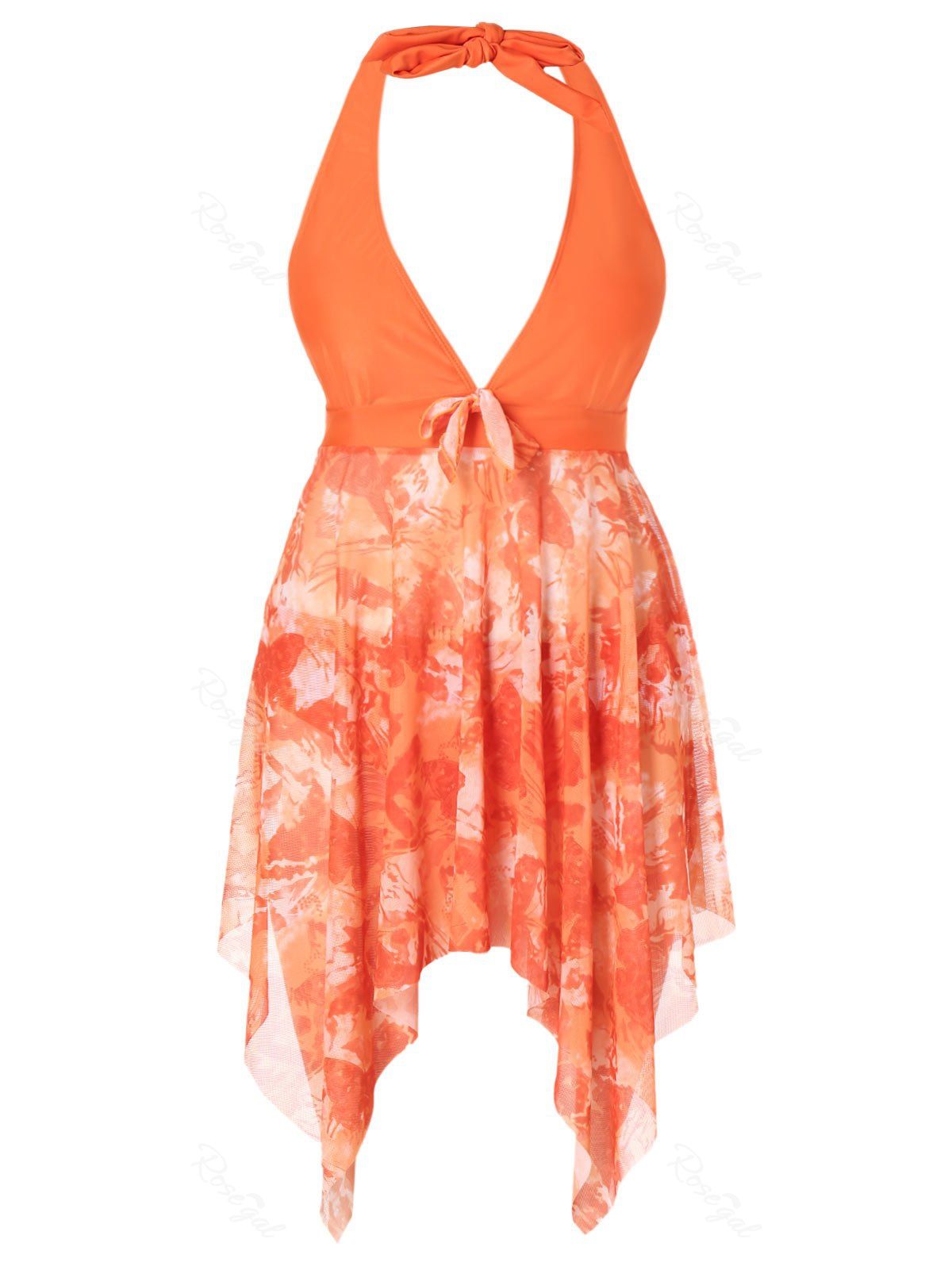 Plus Size Halter Printed Backless Skirted Tankini Set, Orange