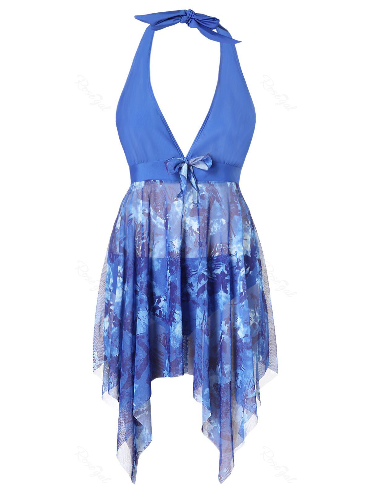 

Plus Size Halter Printed Backless Skirted Tankini Set, Cobalt blue