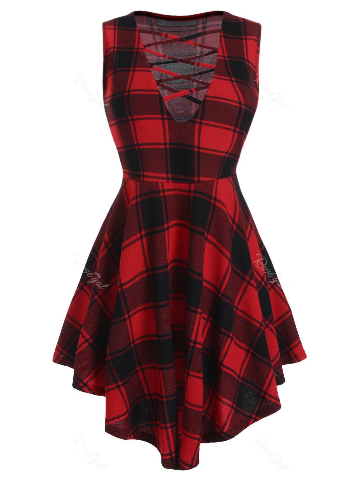 

Plus Size Tartan Strappy Asymmetrical Tank Top, Red