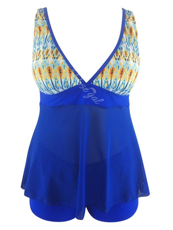 

Plus Size Printed Flare Tankini Set, Ocean blue