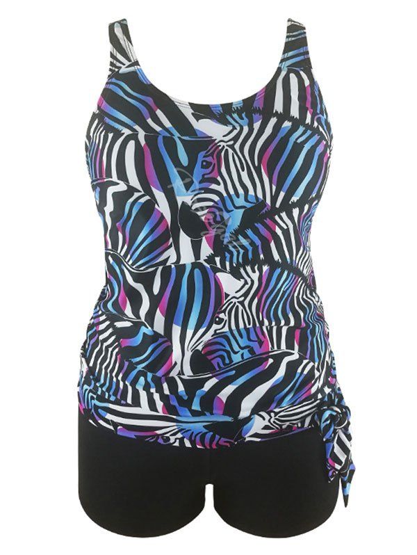 

Plus Size Zebra Print Round Neck Tankini Set, Multi