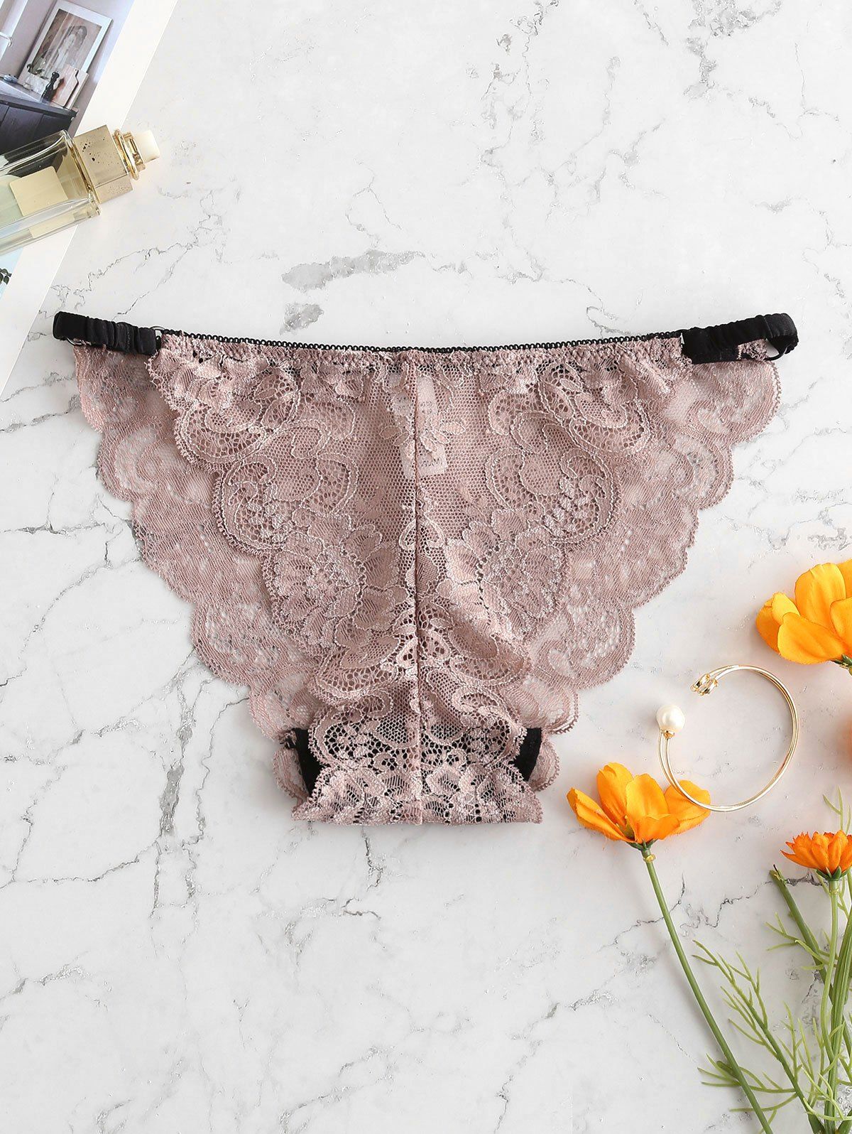 

See Through Scalloped Sexy Lace Briefs, Khaki rose
