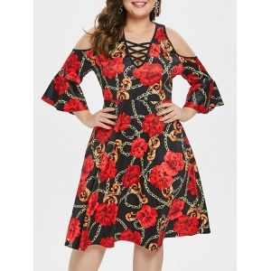 

Plus Size Criss Cross Printed A Line Dress, Red