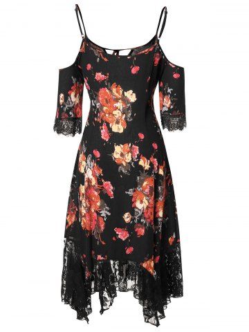 

Plus Size Cold Shoulder Lace Hem Floral Midi Dress, Black