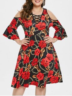 Plus Size Criss Cross Printed A Line Dress - RED - 3X