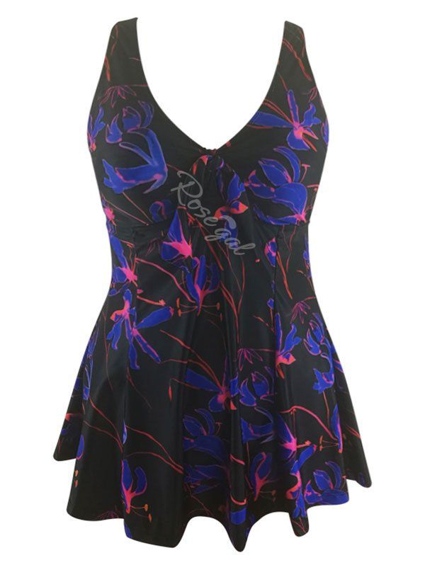 

Plus Size Floral Print V Neck Tankini Set, Black