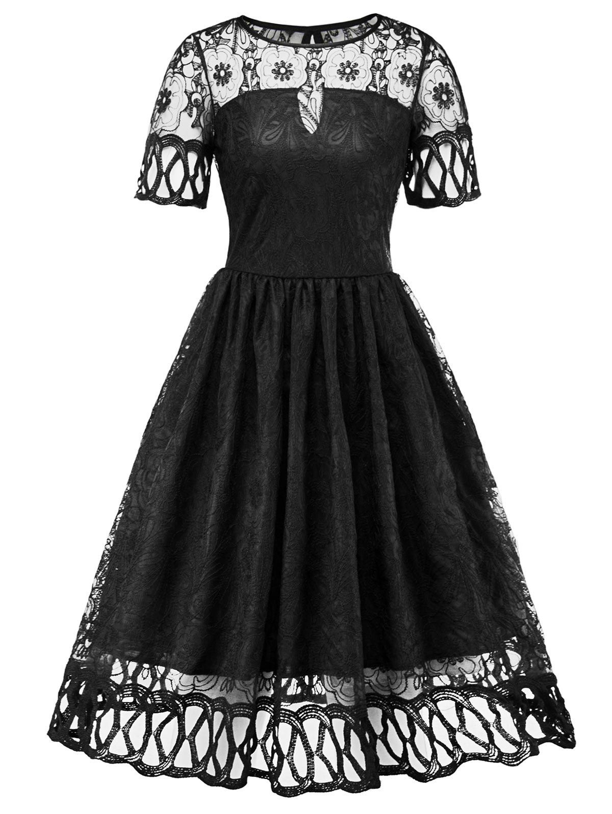 

Vintage Floral Short Sleeve A Line Dress, Black