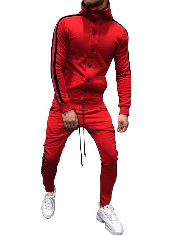 

Side Stripe Snap Button Hoodie Jogger Pants Suit, Red