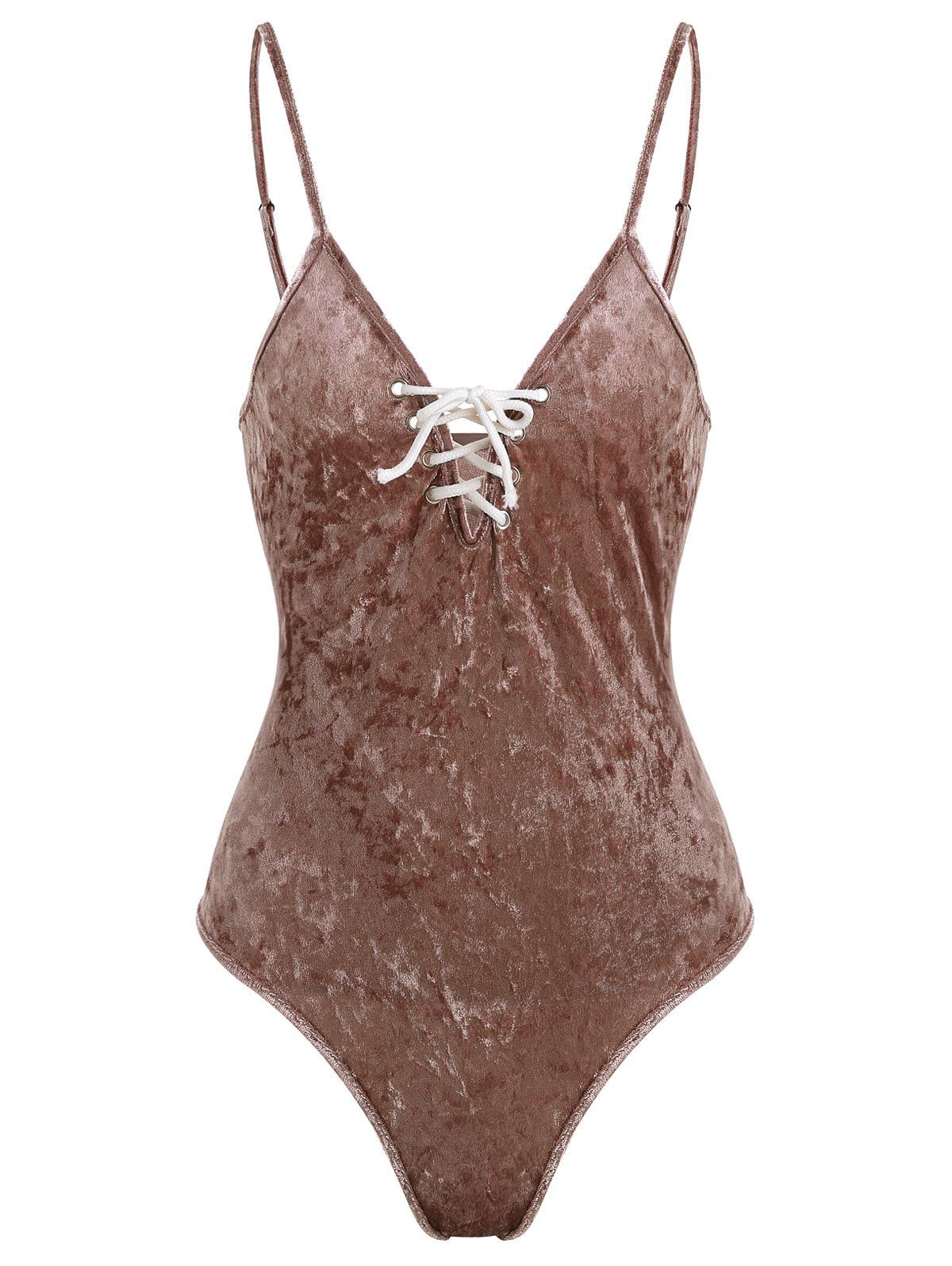 

Lace Up Plunging Neck Velvet Swimsuit, Coffee