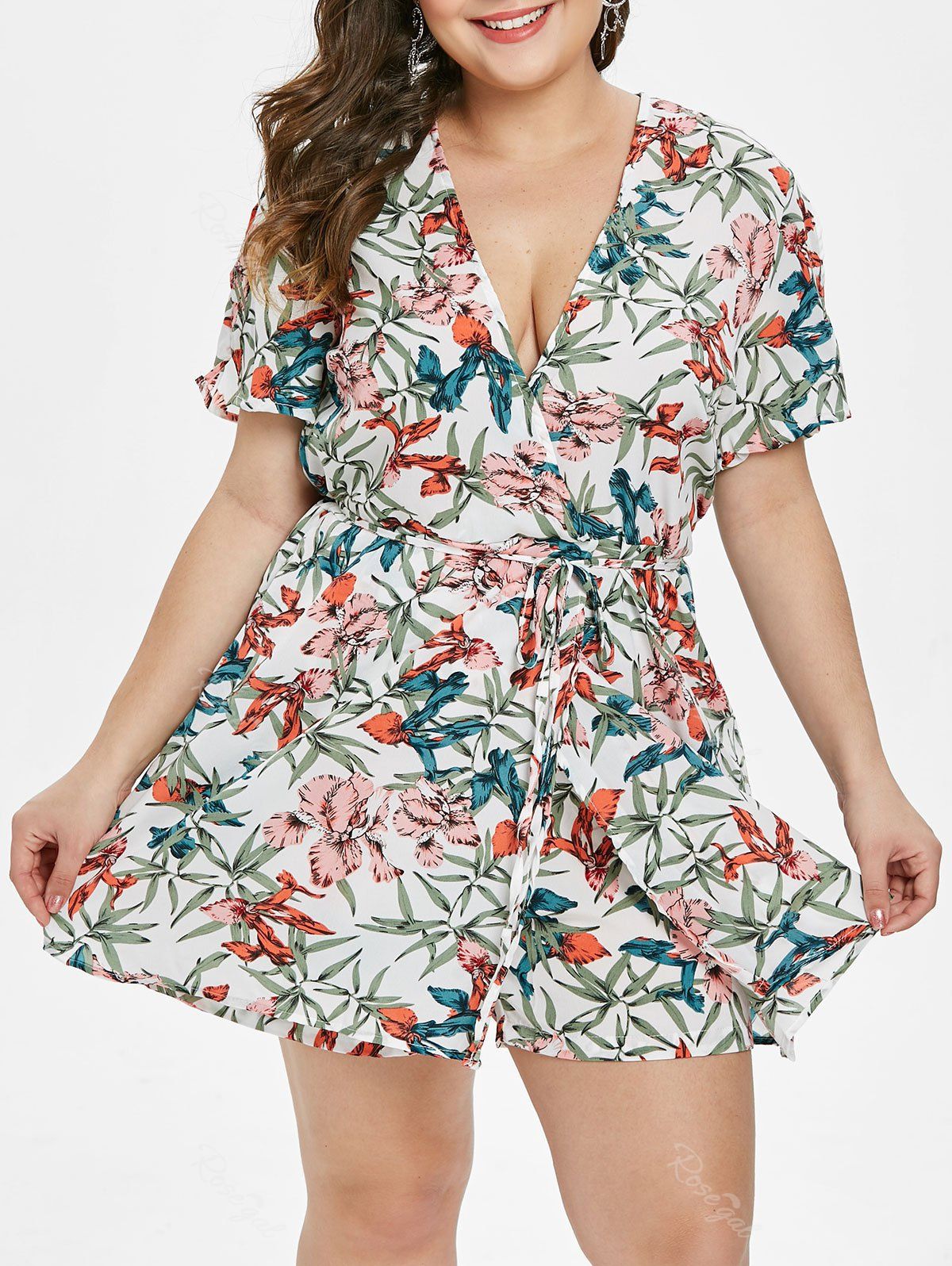 

Short Sleeve Plus Size Leaf Print Romper, White