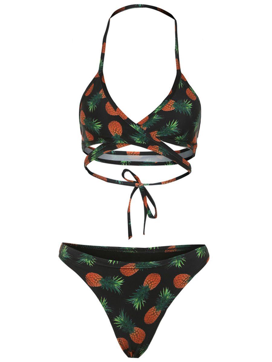 

Pineapple Print Halter Bikini Sets, Black