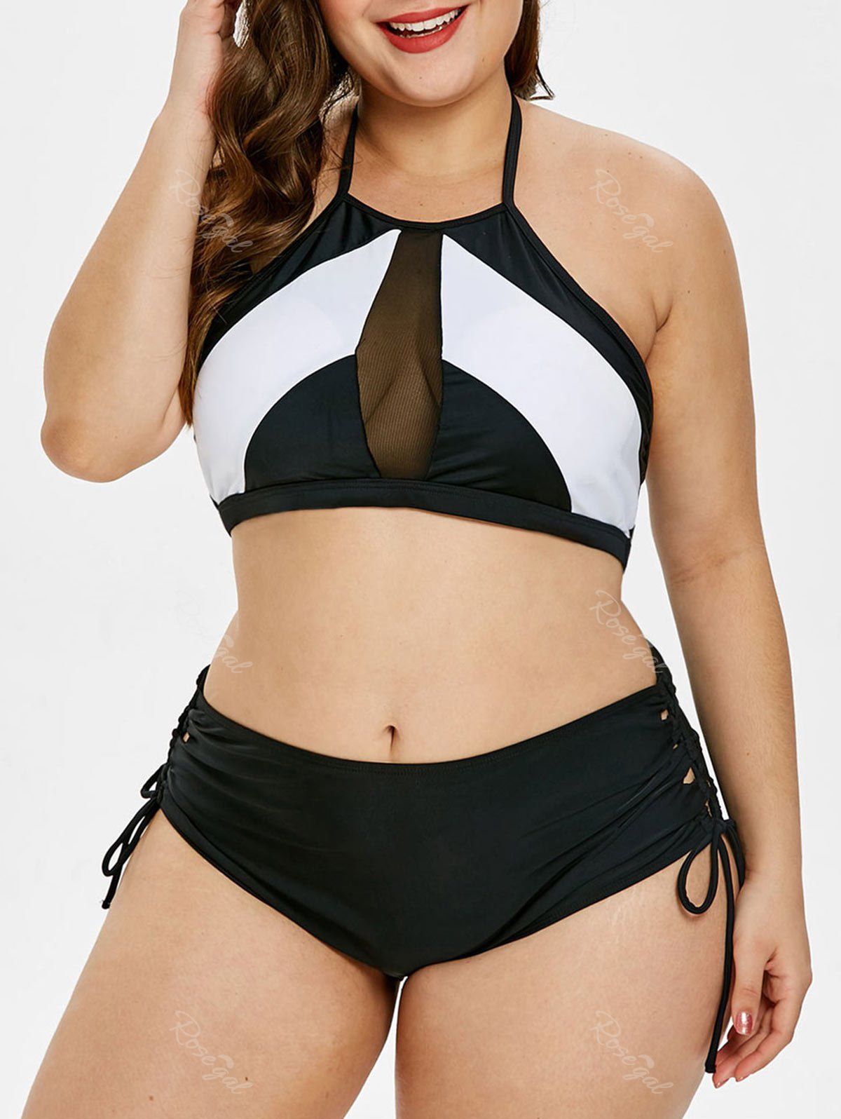 

Lace-up Plus Size Mesh Panel Bikini Set, Black