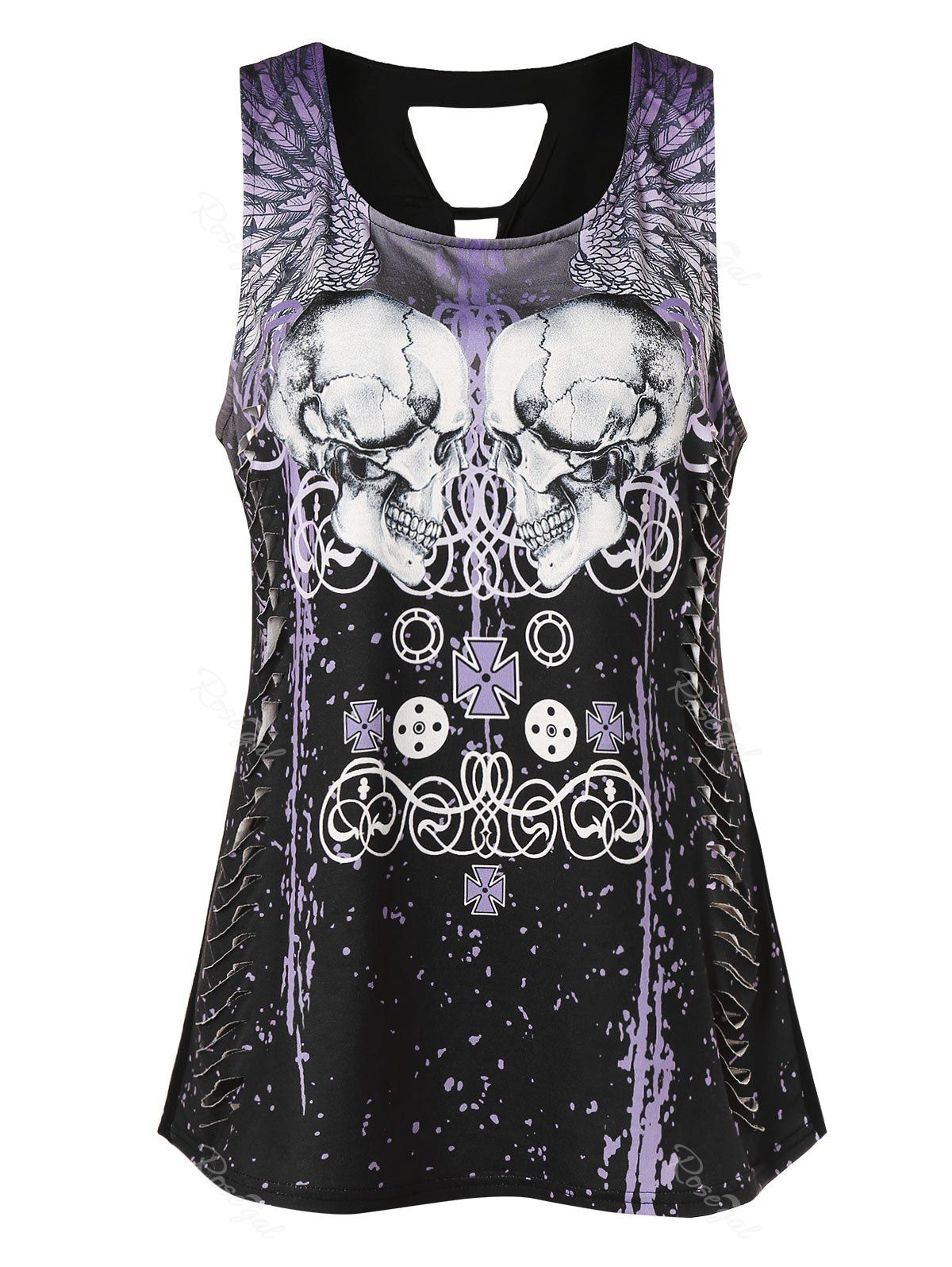 

Plus Size Skull Print Ripped Tank Top, Black