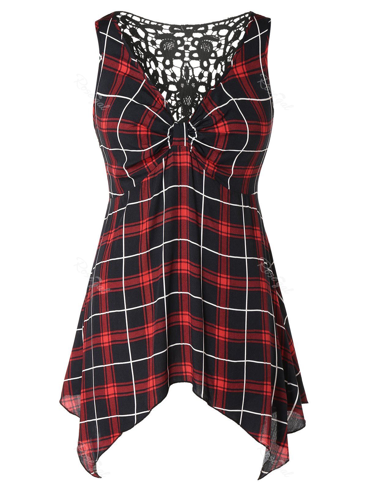 

Back Lace Panel Plus Size Plaid Tank Top, Multi