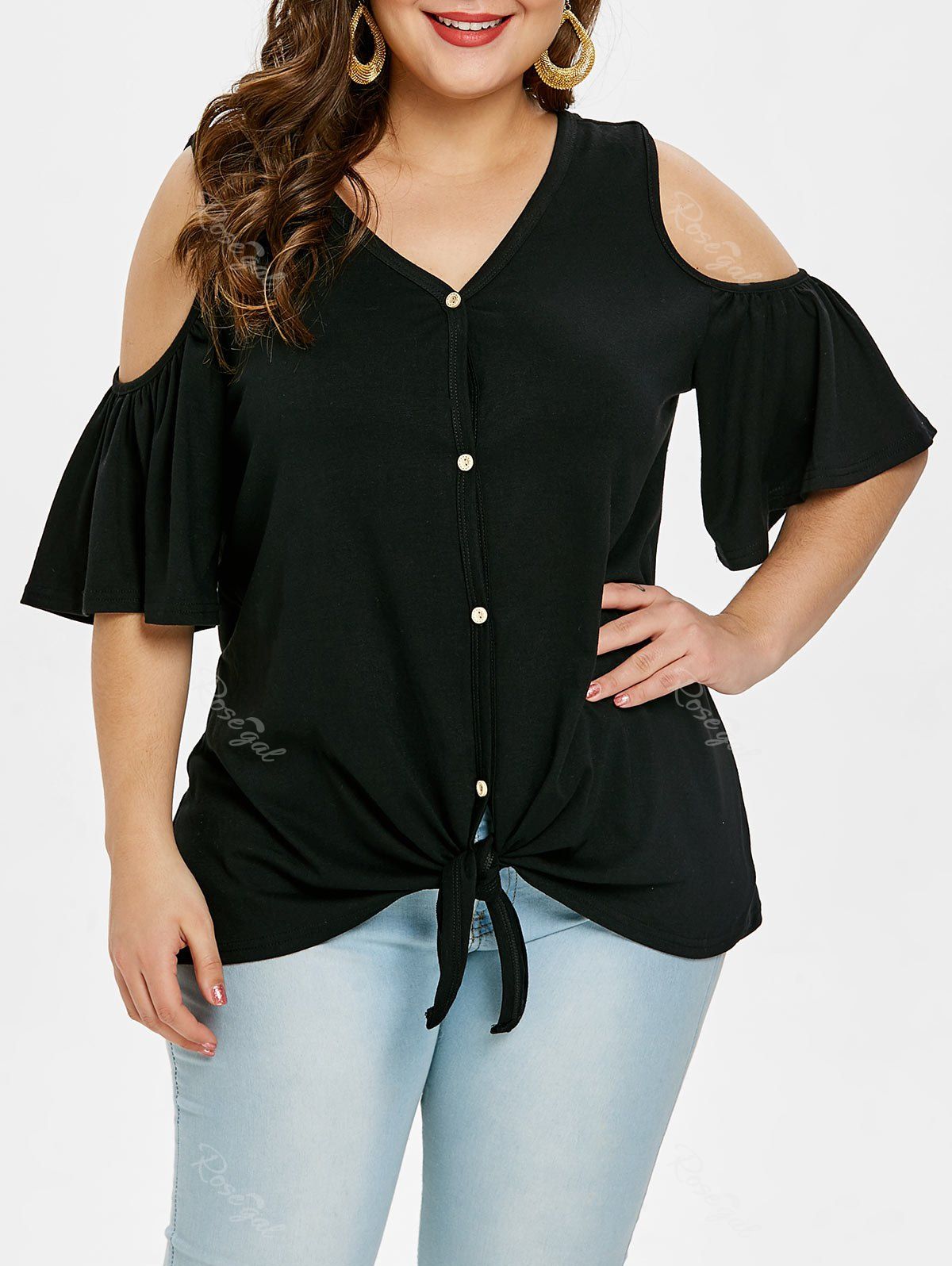 

Button Detail Plus Size Cold Shoulder T-shirt, Black