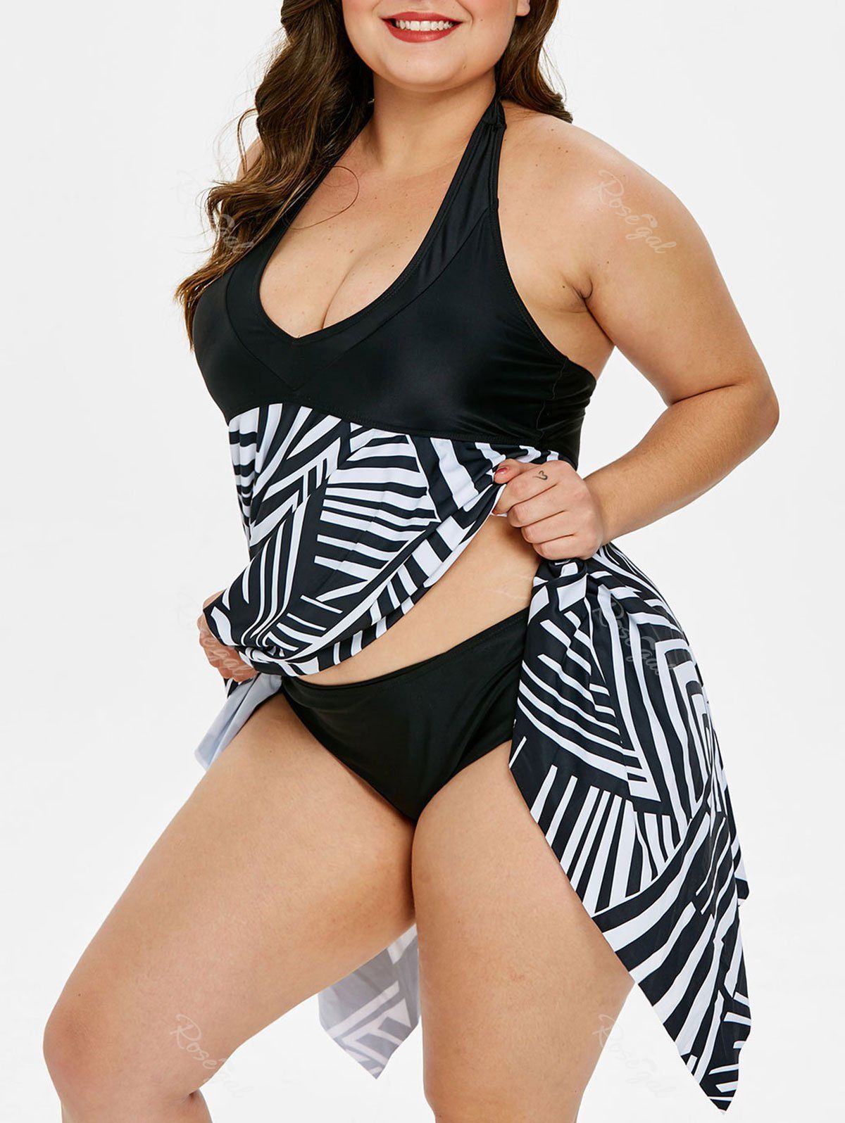 

Plus Size Halter Geometric Tankini Set, Black