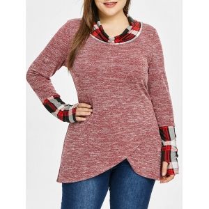 

Plus Size Cowl Neck Plaid Trim Space Dyed Top, Cherry red