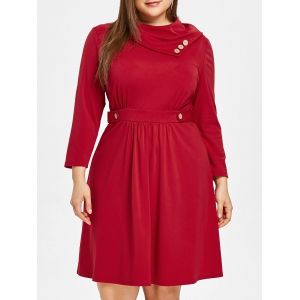 

Plus Size Buttoned Heaps Collar Draped Dress, Lava red