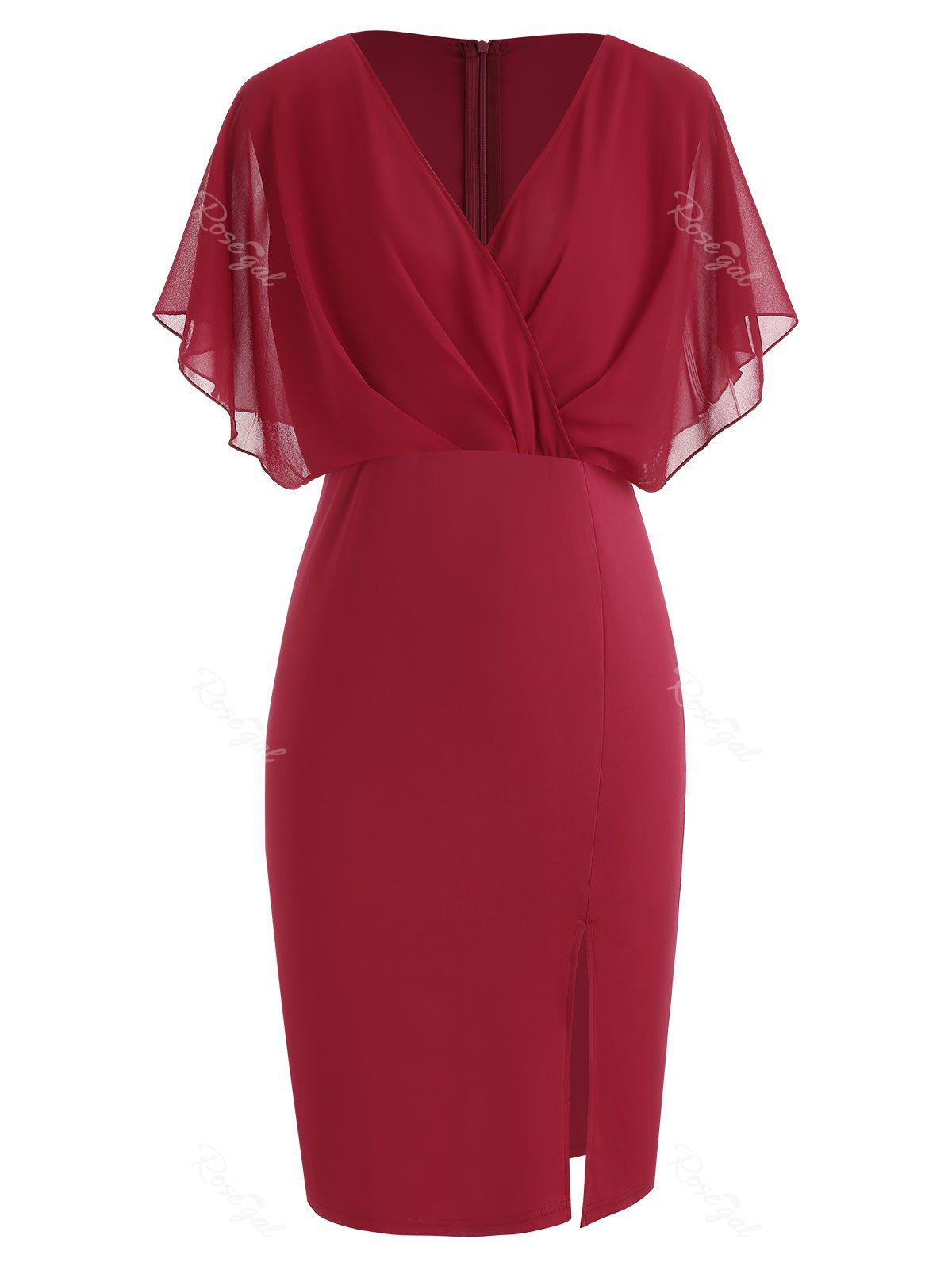 

Surplice Neck Plus Size Front Slit Bodycon Dress, Red wine