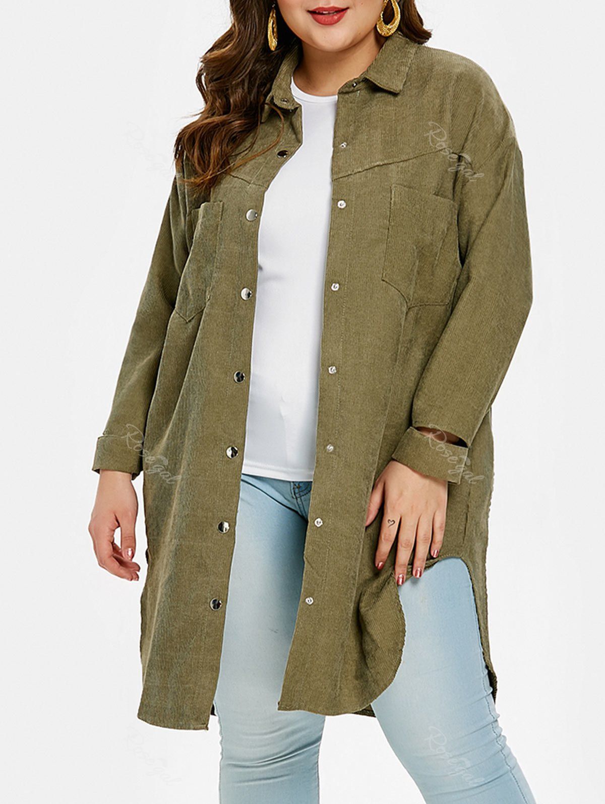 

Plus Size Snap Button Front Pocket Shirt, Camouflage green