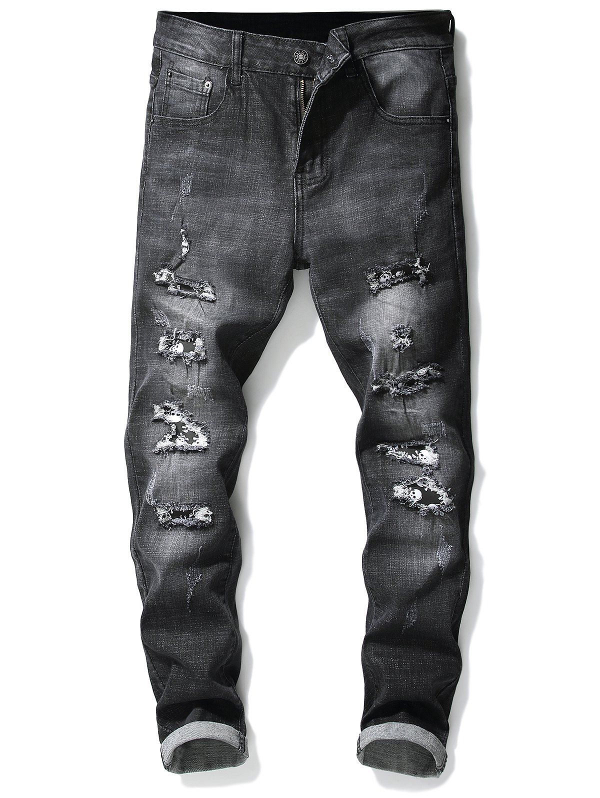 

Ripped Hole Skull Patchwork Slimming Jeans, Black
