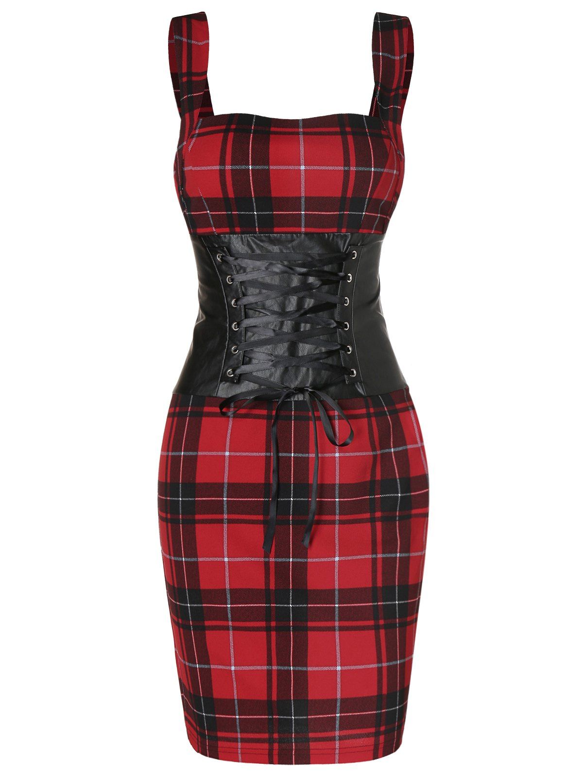 

Plaid Color Block Sheath Dress, Red wine