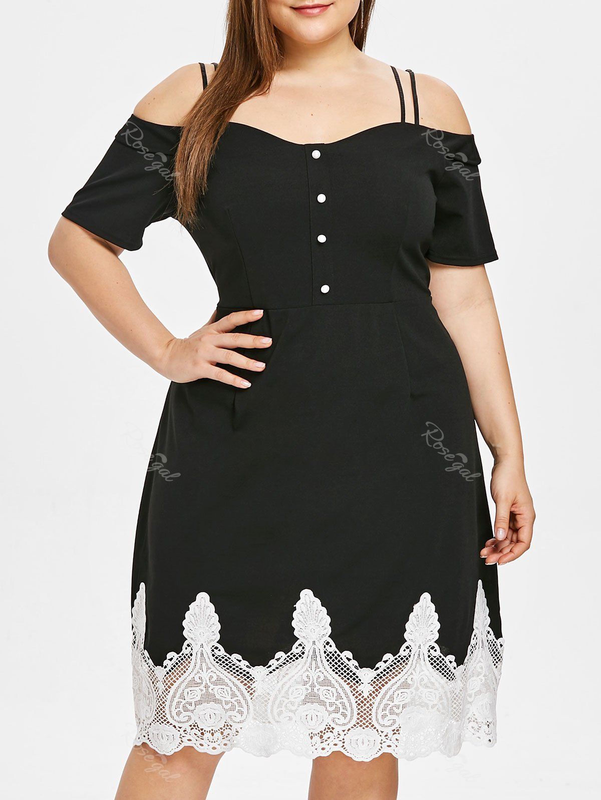 

Button Short Sleeve Panel Mini Dress, Black