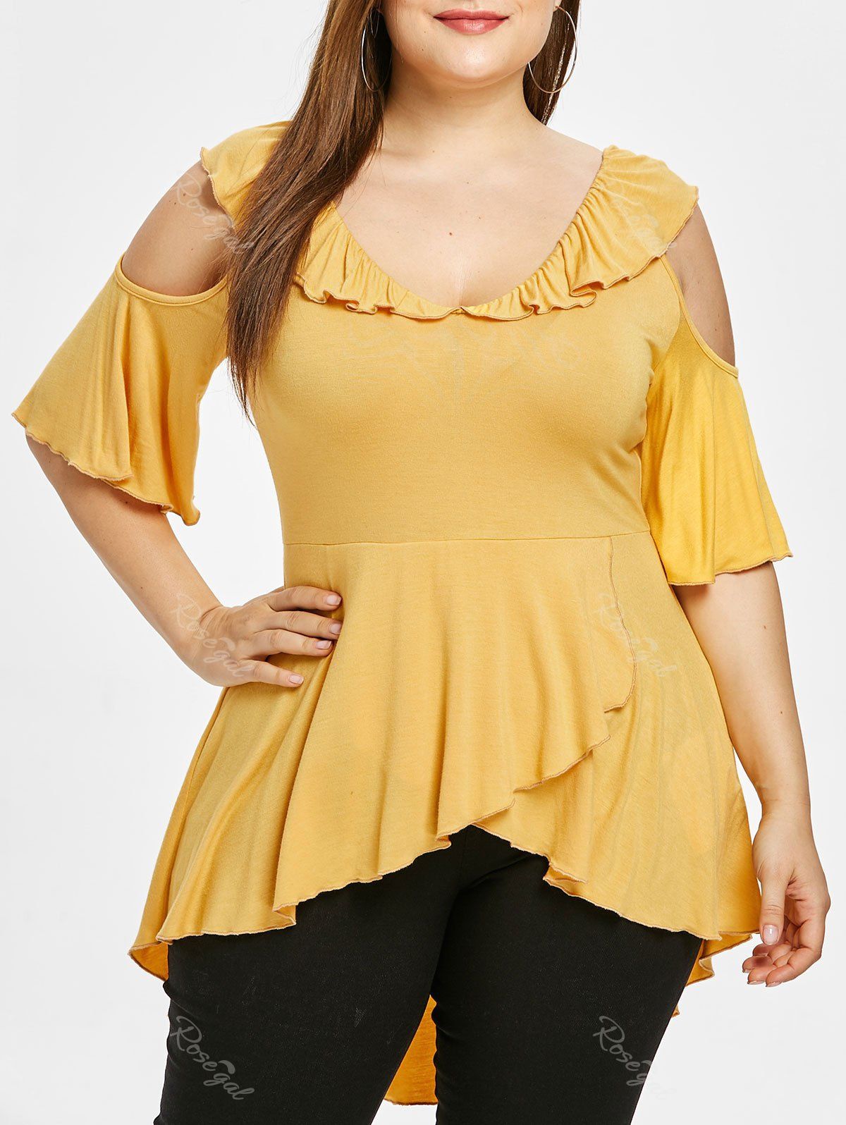 

Plus Size Bell Sleeve Cut Out Ruffle Tulip T-shirt, Yellow