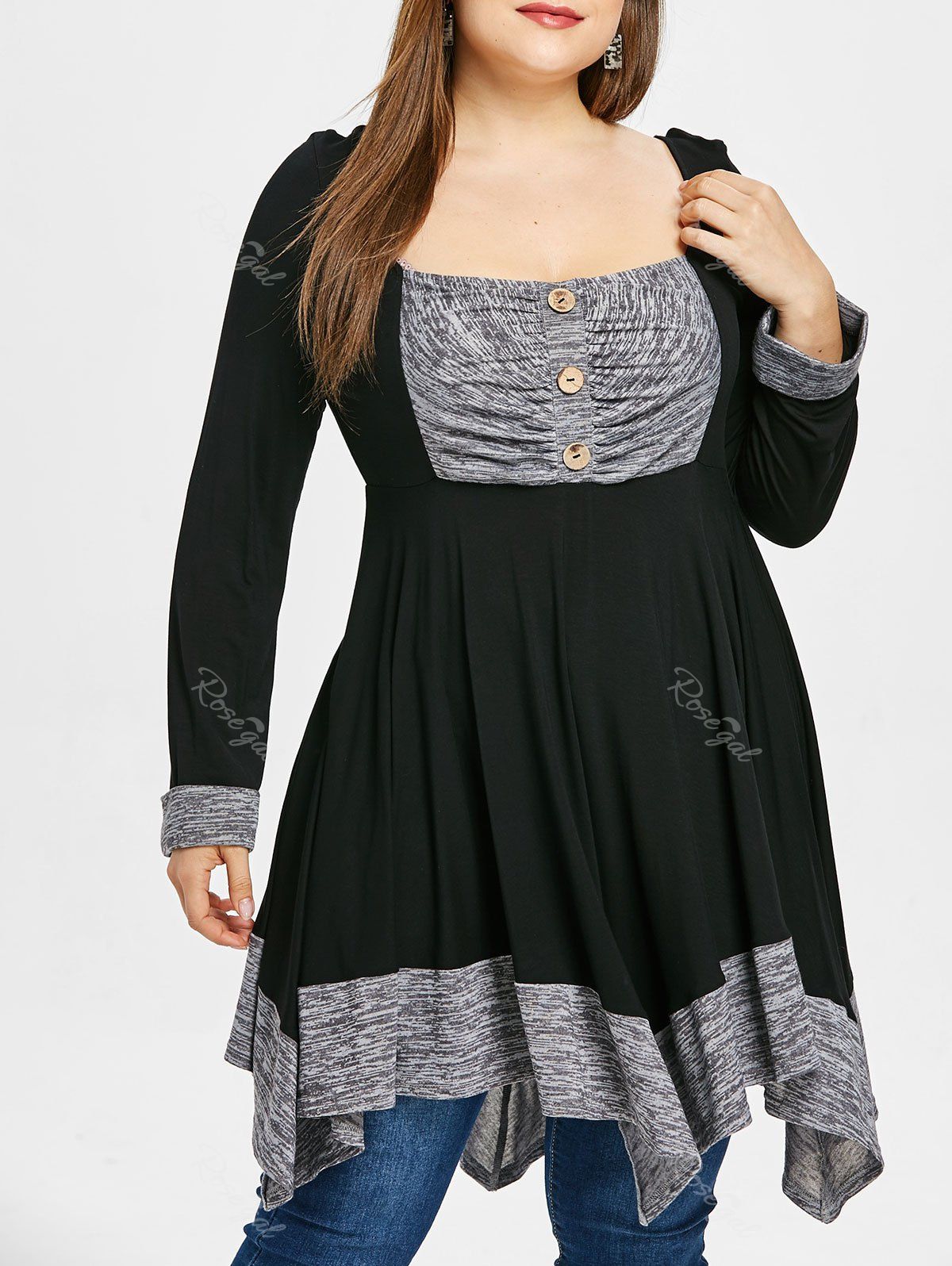 

Button Detail Plus Size Asymmetrical T-shirt, Black