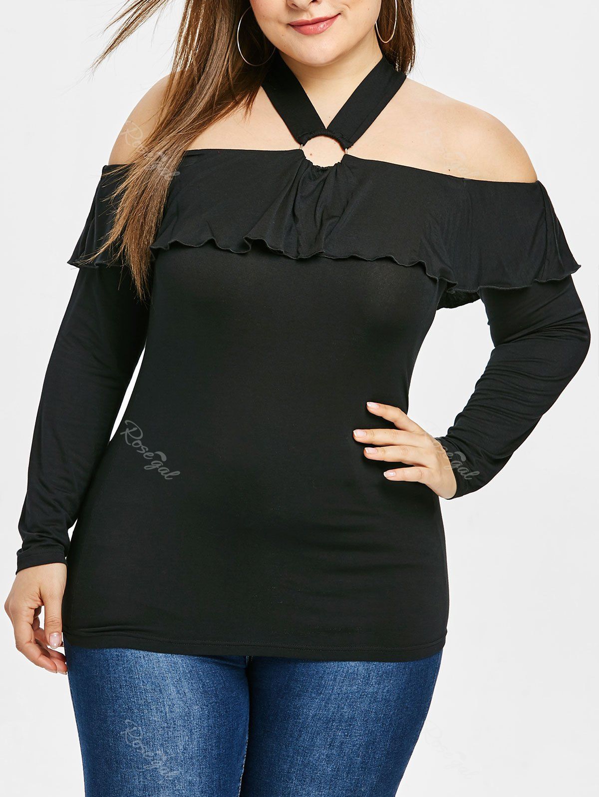 

Plus Size O Ring Ruffled Open Shoulder T-shirt, Black