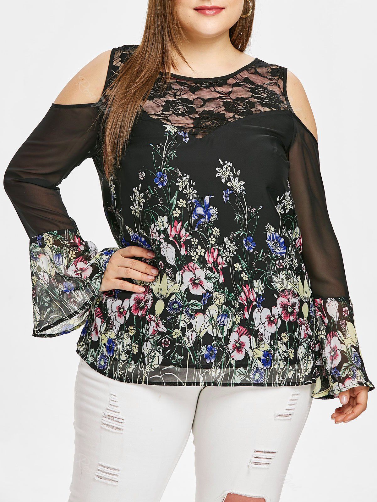 

Plus Size Sheer Bell Sleeve Cold Shoulder T-shirt, Black