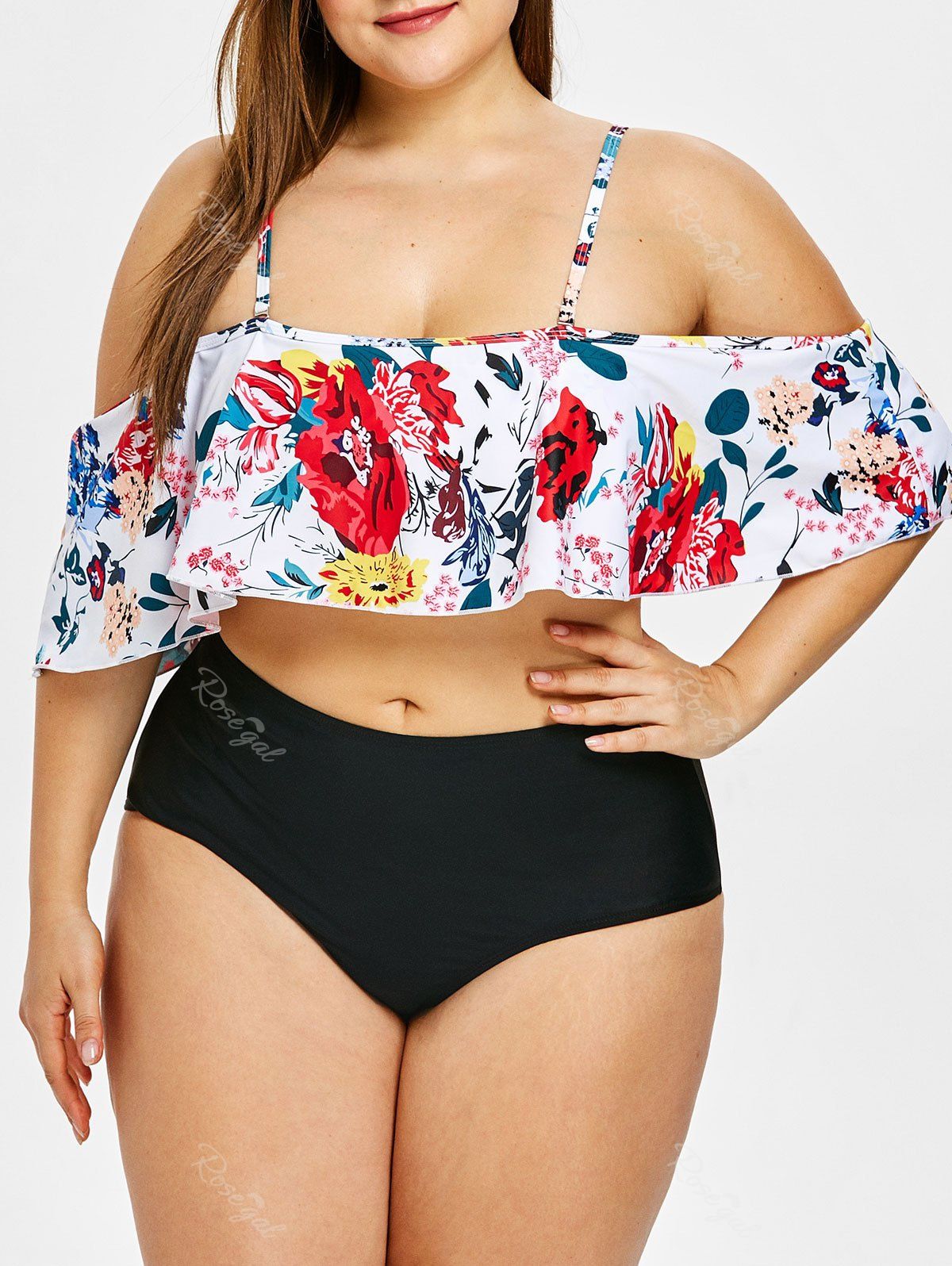 

Plus Size Flower Flounce Bikini Set, Multi