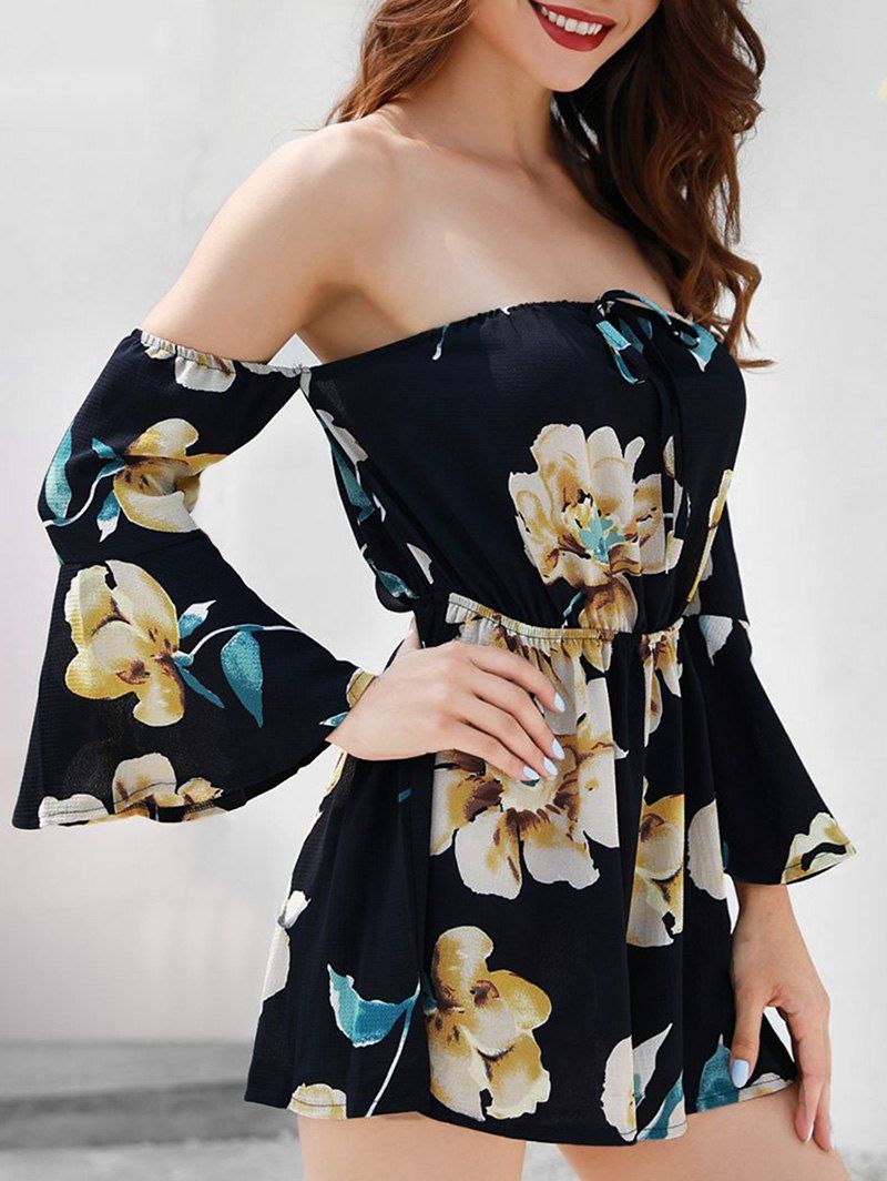 

Printed Off The Shoulder Long Sleeve Romper, Multi-b